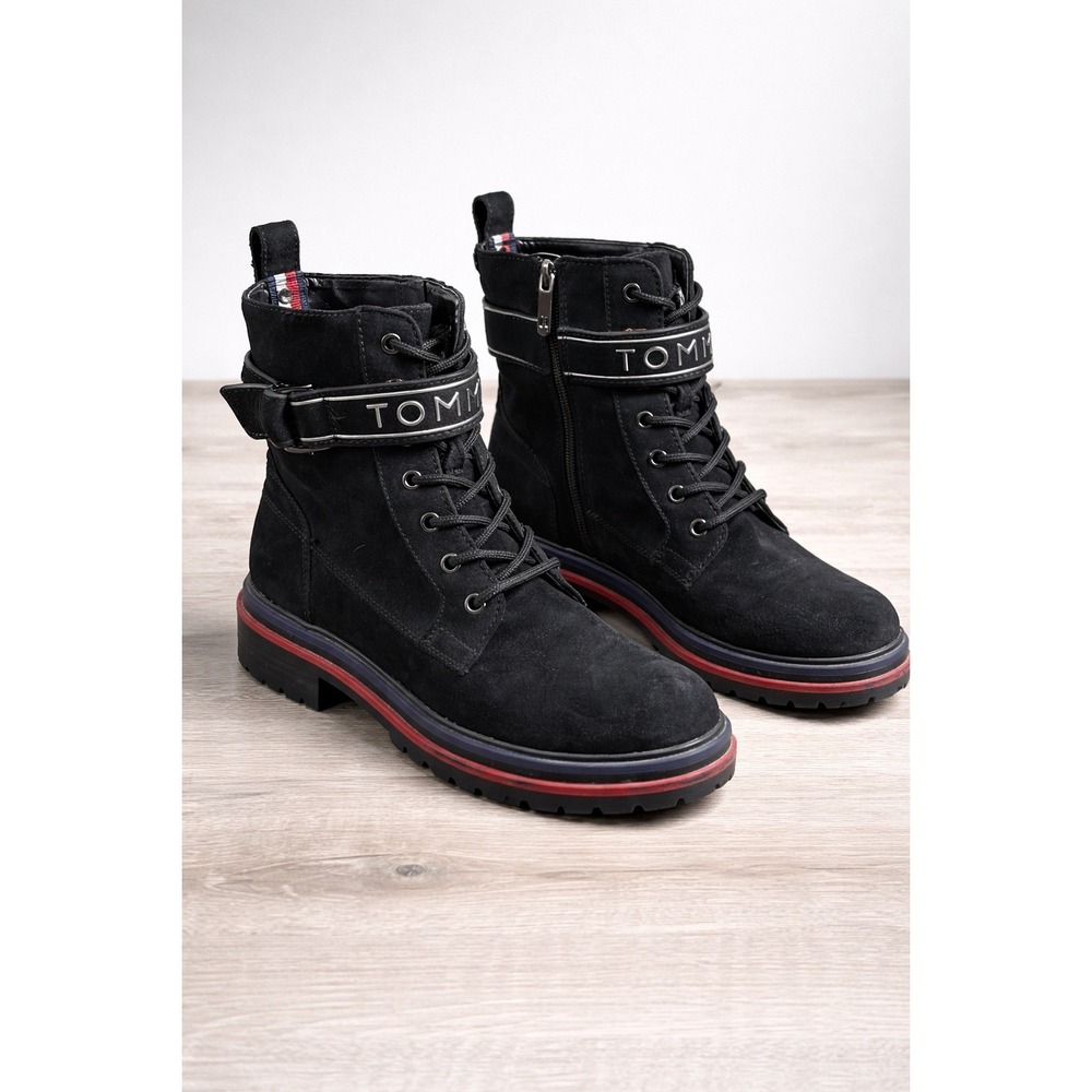 Tommy Hilfiger Black Suede‎ Combat Boots Women's 9 Moto Lace-Up Zipper Ankle